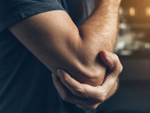 Close up of man gripping painful elbow joint in dark room, chronic arthritis arm pain
