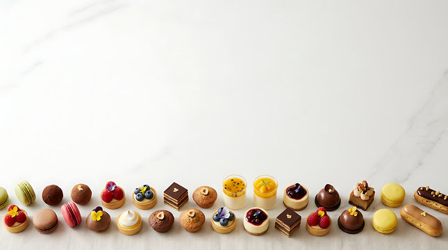 Assortment of mini gourmet desserts and petit fours arranged on a clean white marble background with copy space