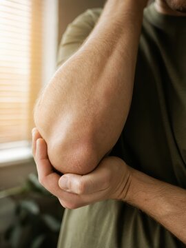 Close up of man holding irritated red elbow joint, dry skin and bursitis pain concept