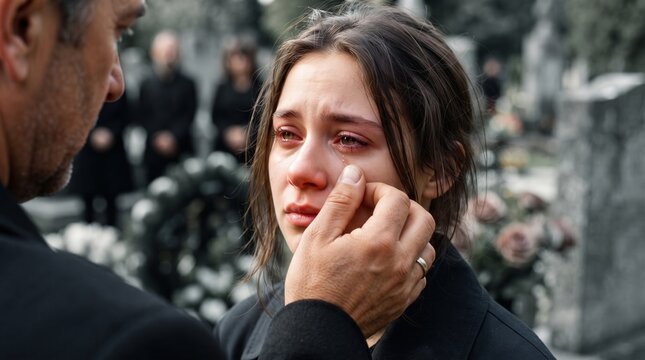 Man wiping tear from crying woman's face at a funeral cemetery, capturing deep grief and emotional support for bereavement counseling and life insurance marketing design.