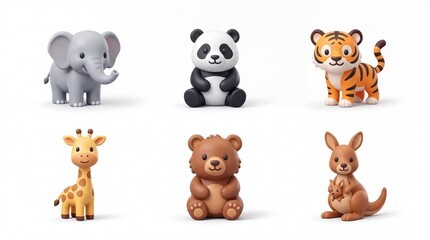 Fototapeta premium Cute Animal Toys Collection Featuring Elephant Panda Tiger Giraffe Bear and Kangaroo in Cartoon Style