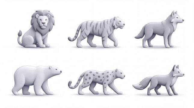 Set of Six Gray Animal Figurines Including Lion Tiger Wolf Polar Bear Cheetah and Leopard on White Background