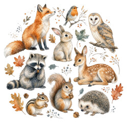 Fototapeta premium Watercolor woodland animals PNG on transparent background, fox, owl, rabbit, deer, raccoon, squirrel, hedgehog
