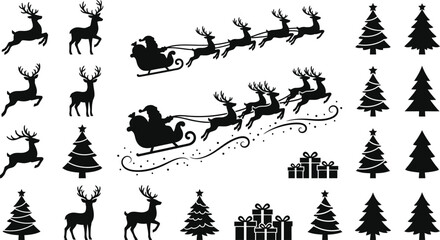 Fototapeta premium Black silhouettes of reindeer santa claus christmas trees and gift boxes on a white background silhouette tree present