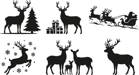 Fototapeta premium Silhouettes of reindeer santa gifts and evergreen trees create a festive winter scene antlers buck celebration christmas cold