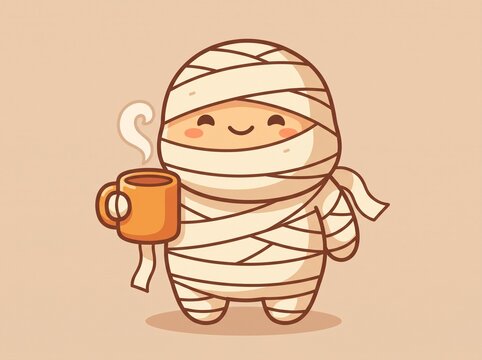 Cute mummy holding a steaming cup of hot tea, kawaii flat vector illustration for cozy Halloween