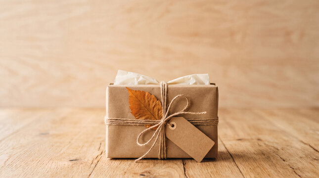 small business holiday packaging mockup with kraft box twine dried orange leaf blank gift tag on light wooden table copy space banner