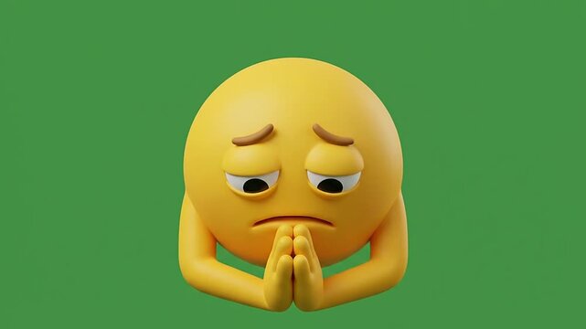 Yellow 3d emoticon praying with folded hands on green background