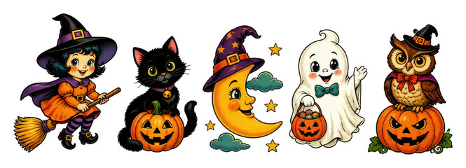 Fototapeta premium Halloween PNG set with cute witch girl, black cat, moon, ghost, owl on transparent background
