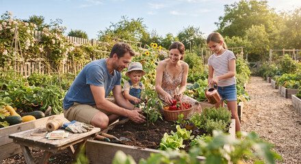 Obraz premium Happy family enjoying a sunny day gardening together in their backyard. Parents and children are planting seedlings, harvesting fresh vegetables, and watering plants in a lush raised garden bed.