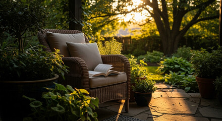 Obraz premium Serene Garden Seating Area Bathed In Golden Hour Sunlight