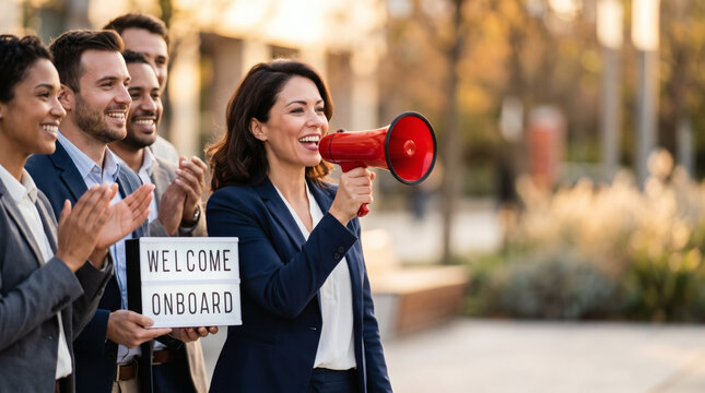 business woman with red megaphone leading team welcome onboard light box golden hour corporate leadership