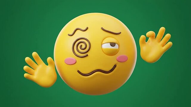 3d emoticon dizzy yellow character with spiral eye on green backdrop