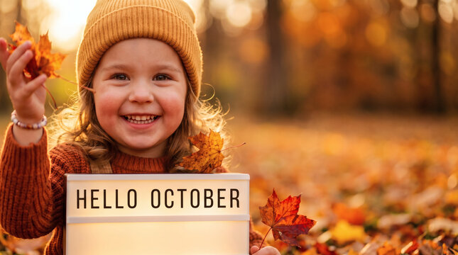 cute child playing with golden autumn leaves in warm sunlight hello october fall season concept professional close up photo with copy space