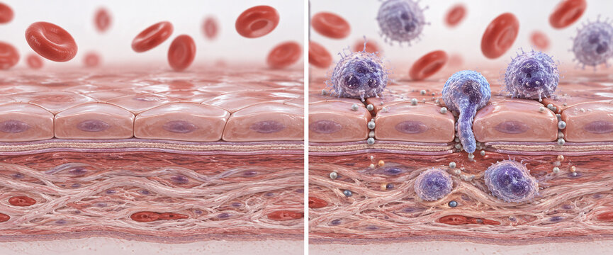 Healthy and Inflamed Blood Vessel Lining Comparison