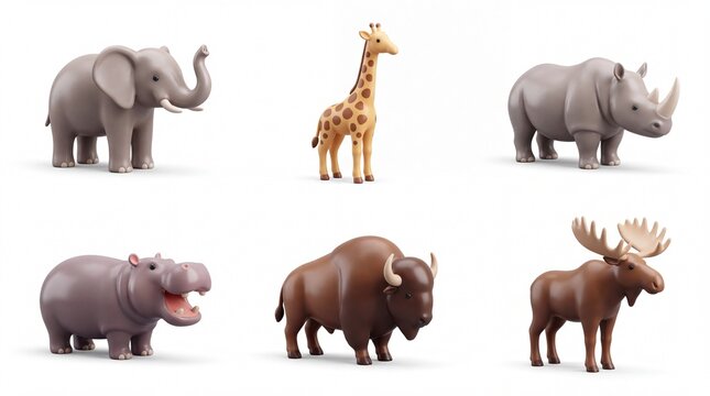 Set of Six Cartoon Animal Figurines Featuring Elephant Giraffe Rhino Hippo and Moose in Playful Style