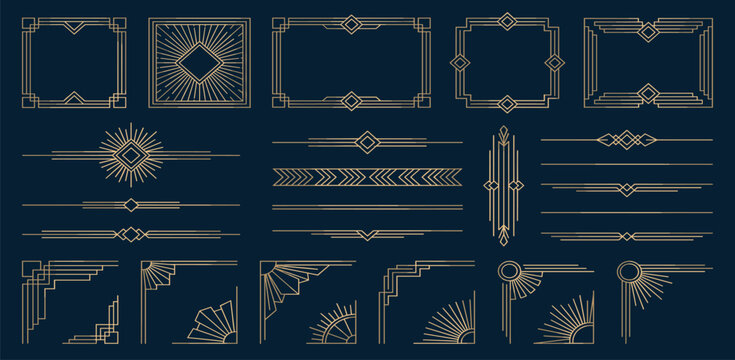 Art deco border. Modern geometric line frame. Vintage 1920s style line gold ornaments. Retro decorative 1930s dividers, frames, labels, borders. Luxury classic elegance vector set