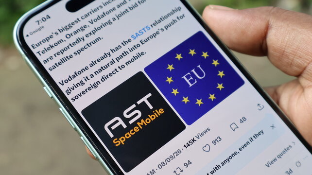 Mobile phone screen showcasing aerospace and telecommunication business partnership news between AST SpaceMobile and EU. Kolkata, West Bengal, India, September 11, 2026