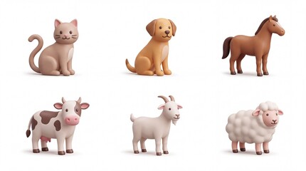 Fototapeta premium Set of Cute Animal Figurines Including Cat Dog Horse Cow Goat and Sheep on White Background