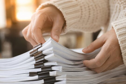 Close up hand reviewing multiple clipped report stack on wooden desk in warm office light