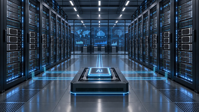 Data center and artificial intelligence computing. Server racks process AI workloads in high performance facilities.