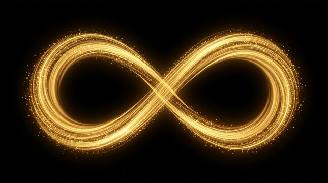 Golden light trails forming infinity symbol glowing with sparkles on black background, abstract digital concept representing endless time, future and eternity