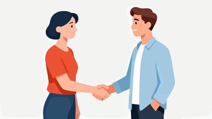Fototapeta premium Two people shake hands warmly, smiling at each other. They stand facing one another, eyes meeting with mutual respect. The woman wears an orange top and dark pants