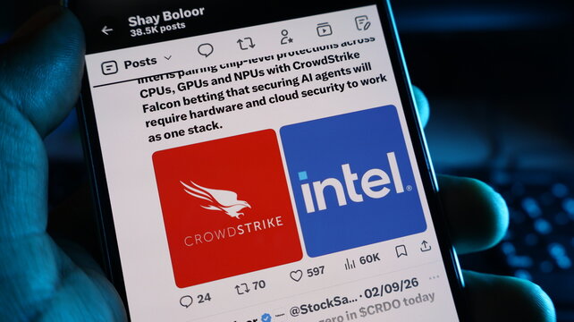 Crowdstrike and intel logos on smartphone screen displaying cybersecurity and hardware collaboration social post. Kolkata, West Bengal, India, September 11, 2026