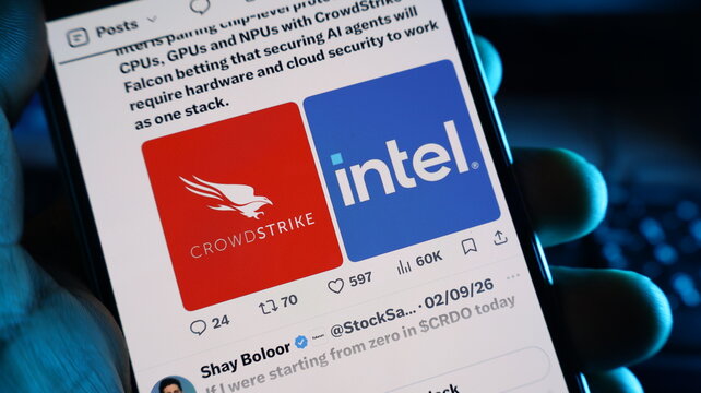Intel and crowdstrike brand logos showcased on mobile phone display featuring cybersecurity news update in dark. Kolkata, West Bengal, India, September 11, 2026