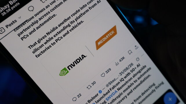 Nvidia and Mediatek corporate logos on mobile phone screen displaying technology integration and silicon partnerships. Kolkata, West Bengal, India, September 11, 2026