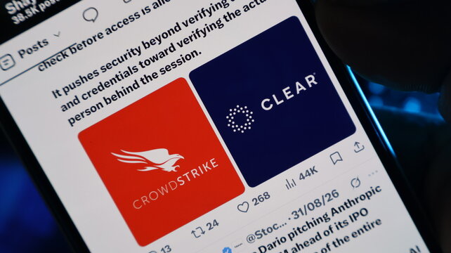 Crowdstrike and Clear identity verification logos displayed on smartphone screen with cybersecurity post details. Kolkata, West Bengal, India, September 11, 2026