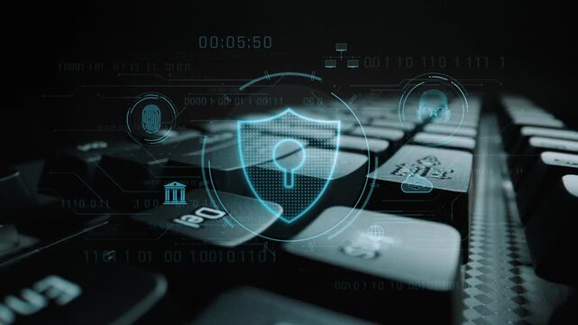 Cyber security interface with biometric and AI-powered protection system. Cyber security secures access, cybersecurity protects identity, cybersecurity detects threats, and defends data. Marrow
