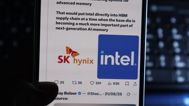 Semiconductor news post showing SK Hynix and Intel company logos displayed on hand held mobile phone screen closeup. Kolkata, West Bengal, India, September 11, 2026
