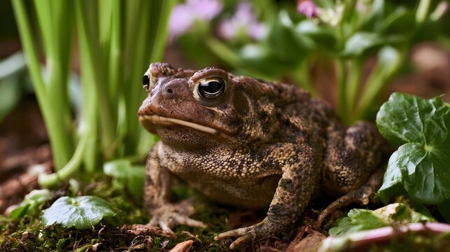 A close up of a toad resting among green plants and moss in a natural garden setting with soft background flowers