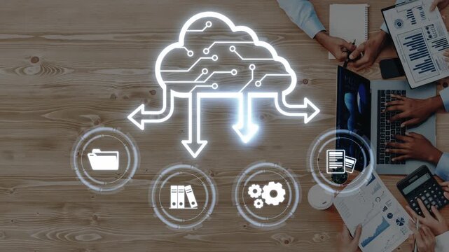 This image illustrates cloud technology integration with a focus on data management and teamwork, showcasing a modern office setting suitable for digital transformation. Raster