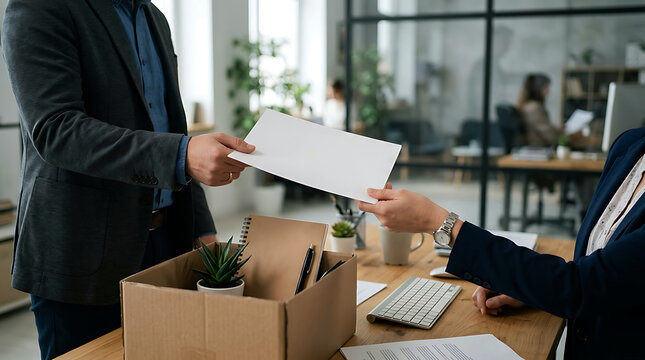 Employee handing over resignation letter to manager in modern office workplace