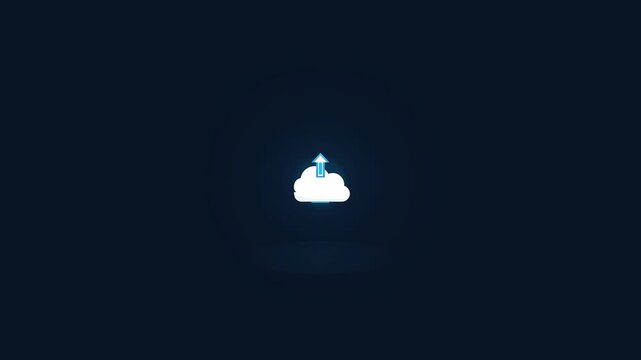 Glowing cloud storage upload icon on dark blue background representing digital technology data backup and network transfer