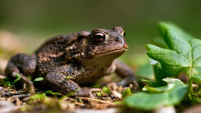 A close up of a toad resting among green leaves and damp earth in a natural outdoor setting