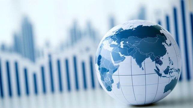 A globe highlighting Asia and Europe with blurred financial charts in the background suggesting global economic activity