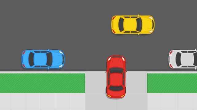 Flat vector animation (top-down view) showing a traffic safety. A red car with blinking indicator lights attempts to drive out from a driveway onto a busy road, while other car drive along the street.