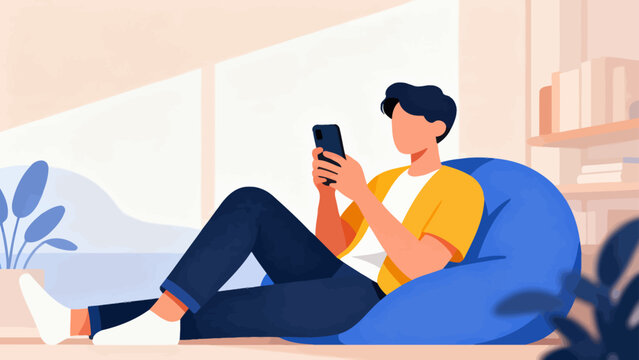 Man relaxes on blue beanbag, scrolling phone. Soft light floods room through large windows. Calm expression suggests leisure or distraction. Ideal for digital lifestyle, remote work, or study scenes