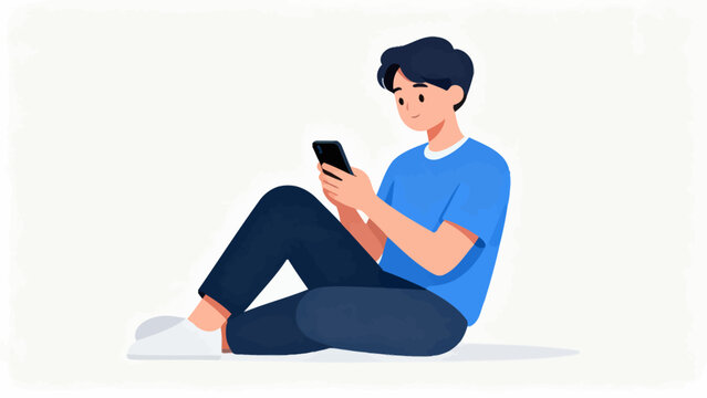 Young man sits cross-legged, engrossed in his phone. He wears blue shirt, dark pants, and white shoes. His expression shows calm focus, perhaps reading or texting. Ideal for tech, education