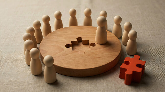 Wooden figures gathered around a round table with a missing puzzle piece