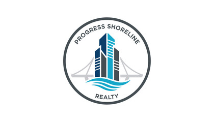 Obraz premium Professional logo for Progress Shoreline Realty featuring modern skyscrapers, sea waves, and a bridge in a circular frame.