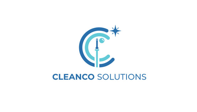 Elegant logo design for Cleanco Solutions with blue circular elements forming a letter C and a cleaning squeegee.