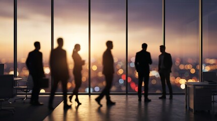 Fototapeta na wymiar Silhouettes of business people walking in a modern office at sunset with city skyline view