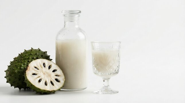 Creamy beverage and exotic fruit preparation on white background