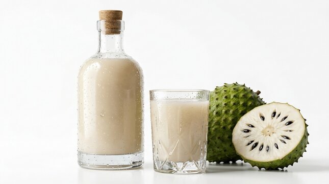 Creamy beverage and tropical fruit composition isolated on white