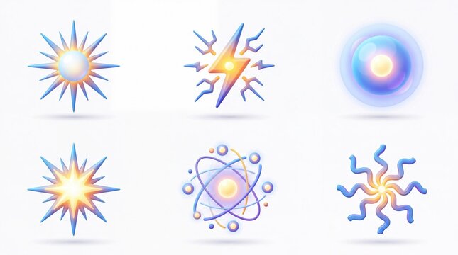 Set of Six Abstract Energy and Atomic Icons with Glowing Blue and Orange Colors for Science and Technology Concepts
