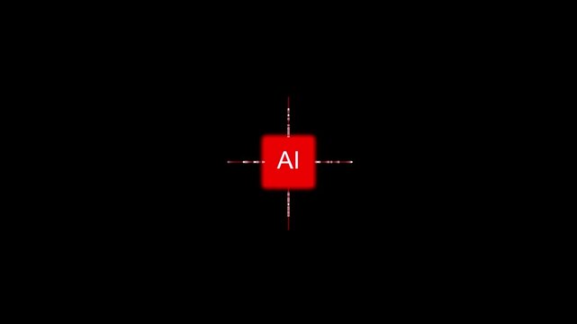 Red square with AI text and dashed crosshairs on a black background